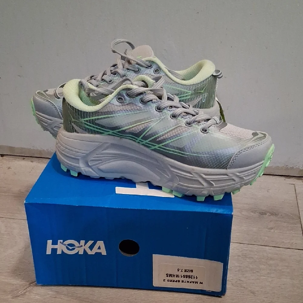 Hoka One Mafate Speed Light Gray and Mint Running Shoes - Picture 1 of 6